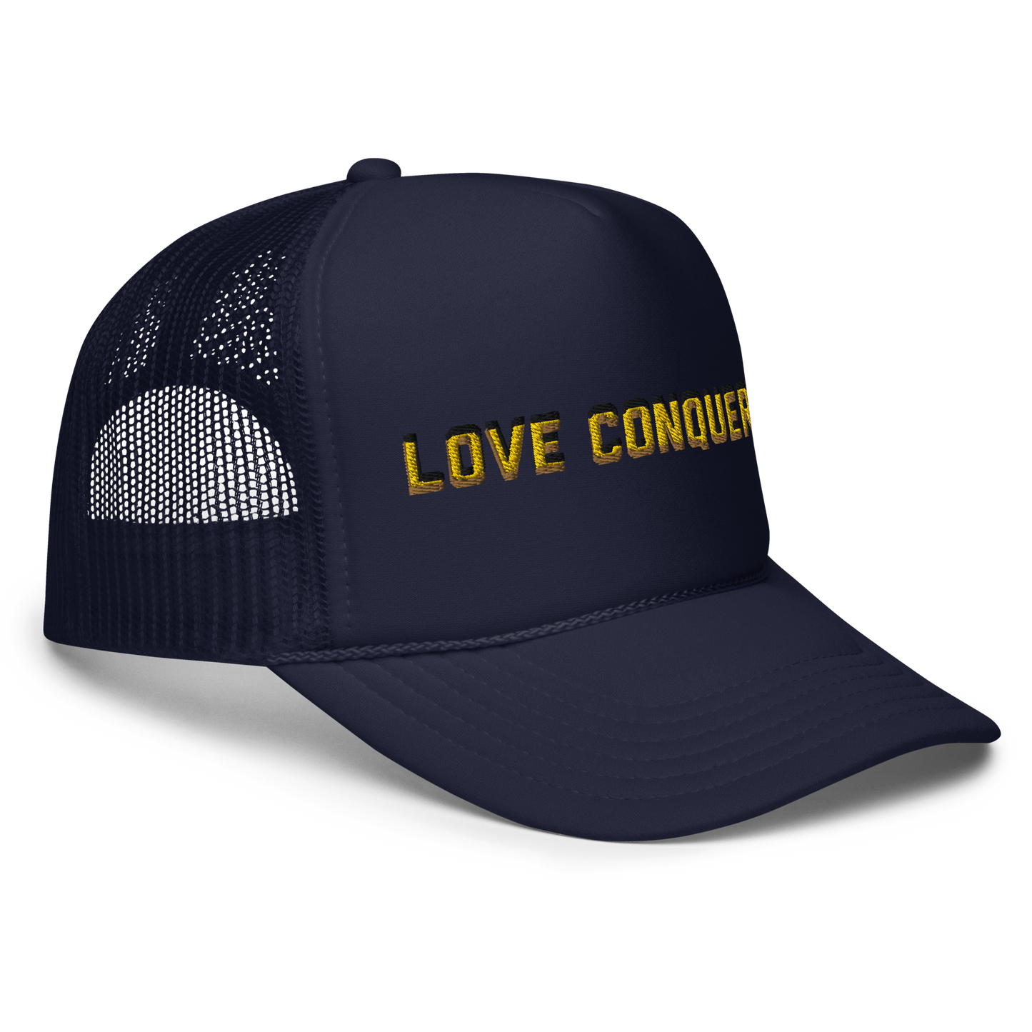 LOVE CONQUERS. trucker hats